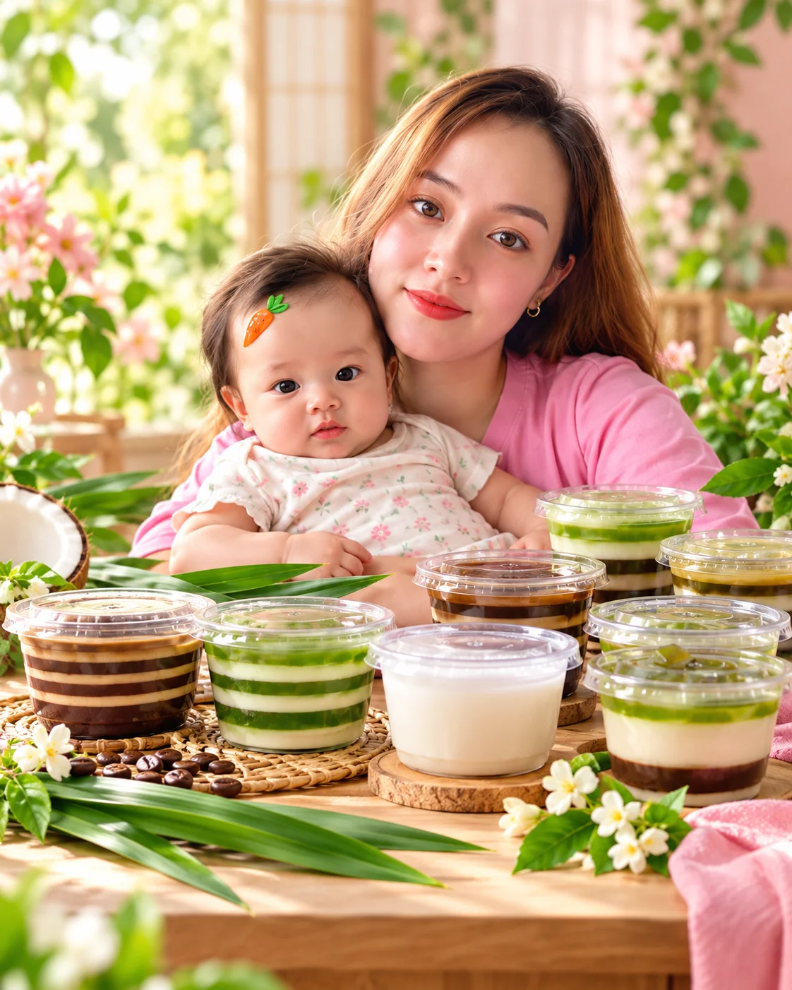 Mẹ và bé Dâu bên những hũ rau câu — ảnh minh họa theo mẫu gia đình cung cấp